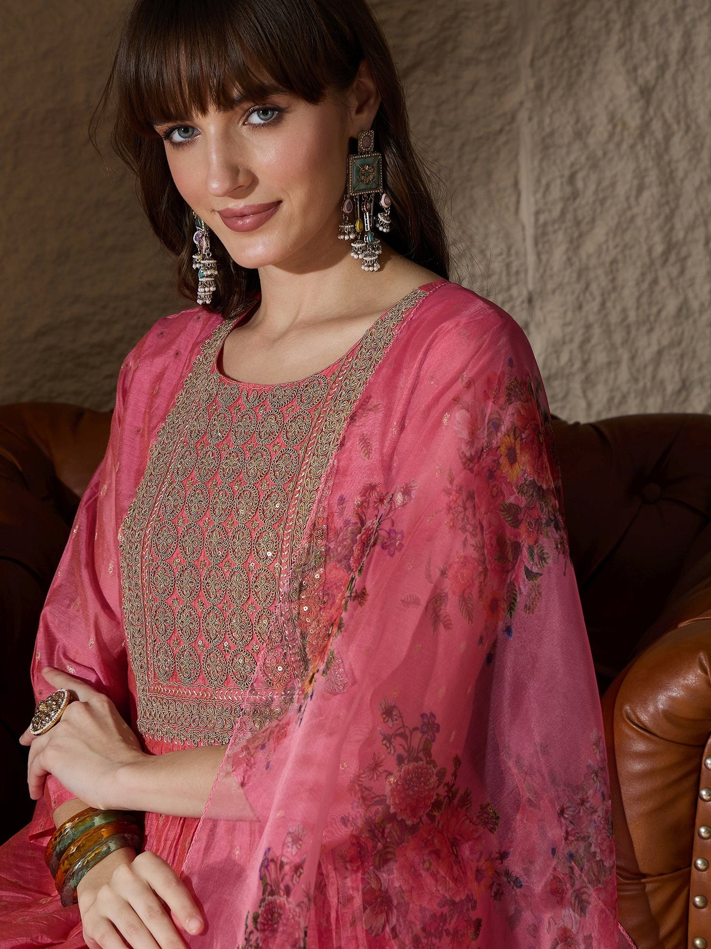 Neelangi Pink Women Kurta and Leggings Duppata Set Chanderi Modal Butti - FitVibe Fashion