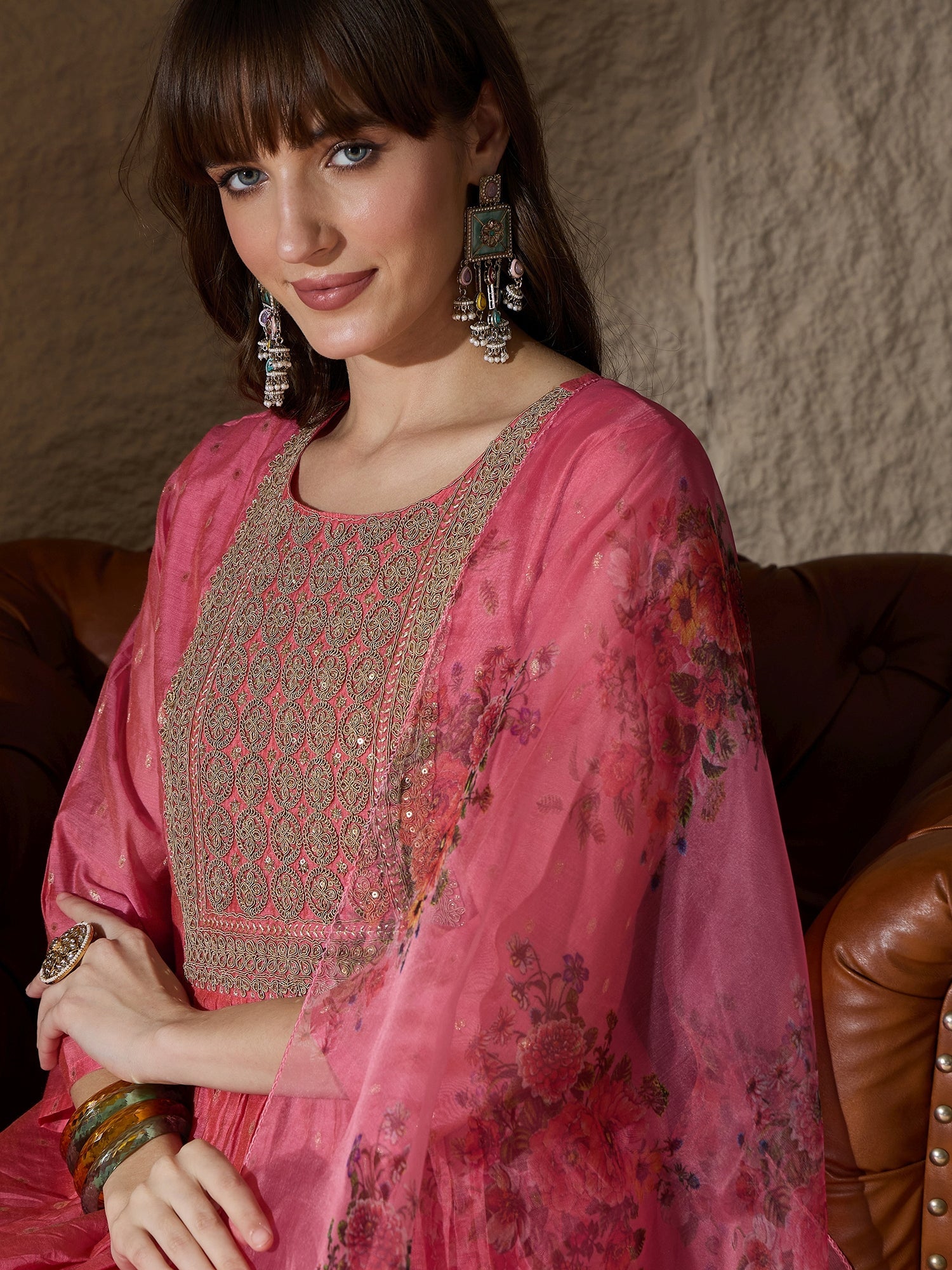 Neelangi Pink Women Kurta and Leggings Duppata Set Chanderi Modal Butti - FitVibe Fashion