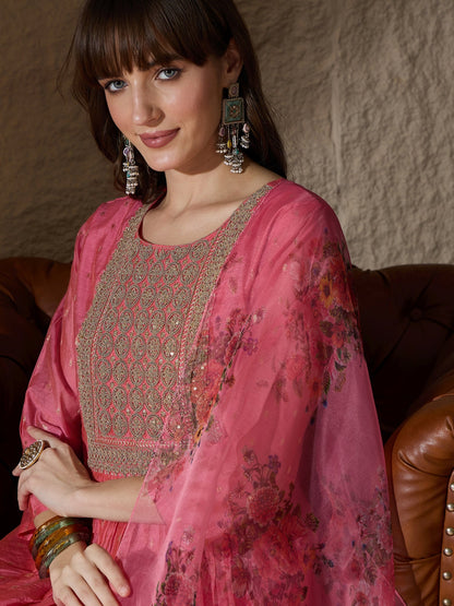 Neelangi Pink Women Kurta and Leggings Duppata Set Chanderi Modal Butti - FitVibe Fashion