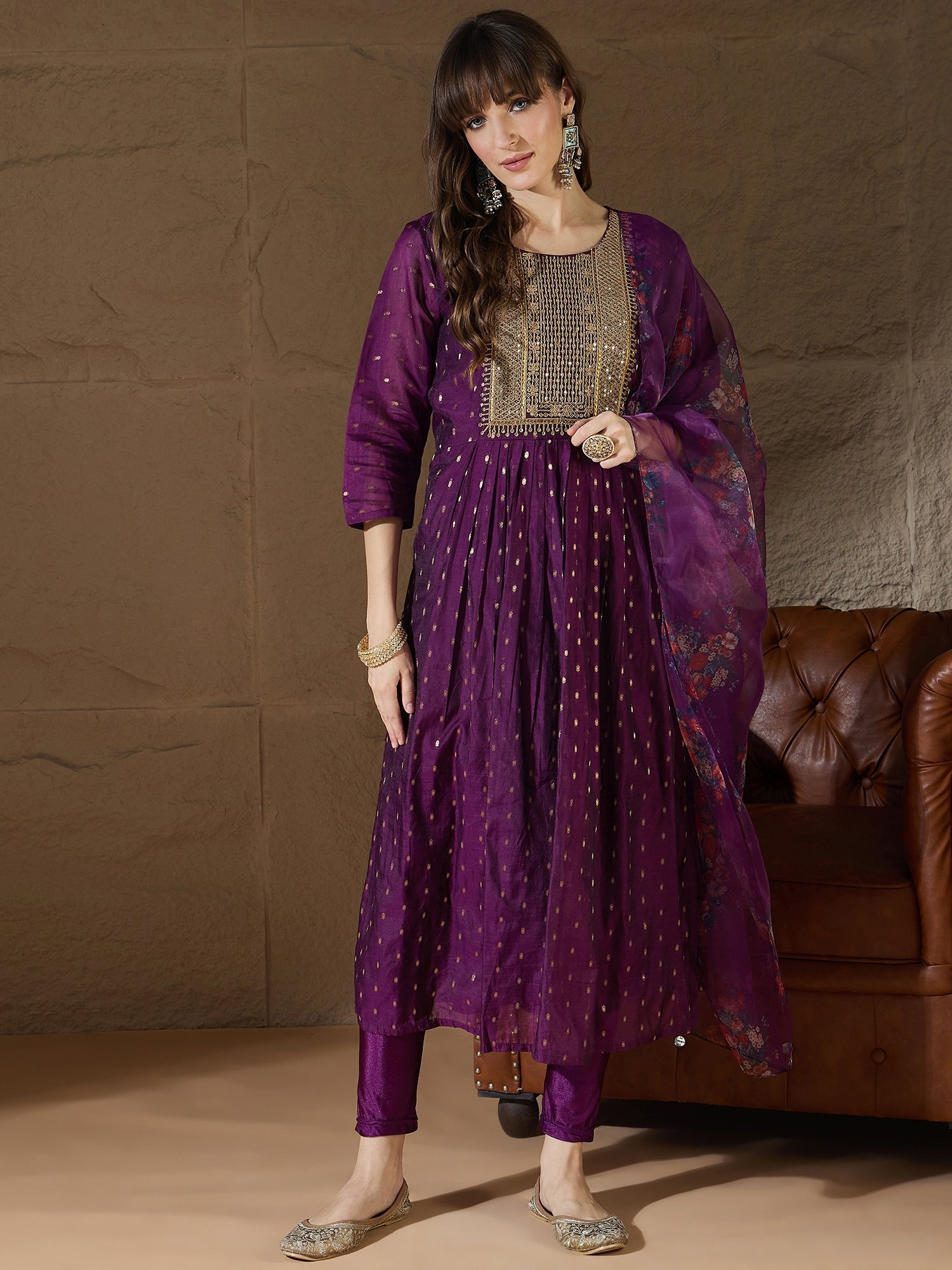 Neelangi Purple Women Kurta and Leggings Duppata Set Chanderi Modal Butti - FitVibe Fashion