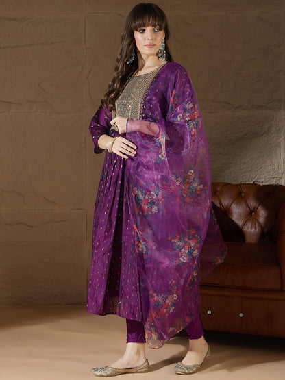 Neelangi Purple Women Kurta and Leggings Duppata Set Chanderi Modal Butti - FitVibe Fashion