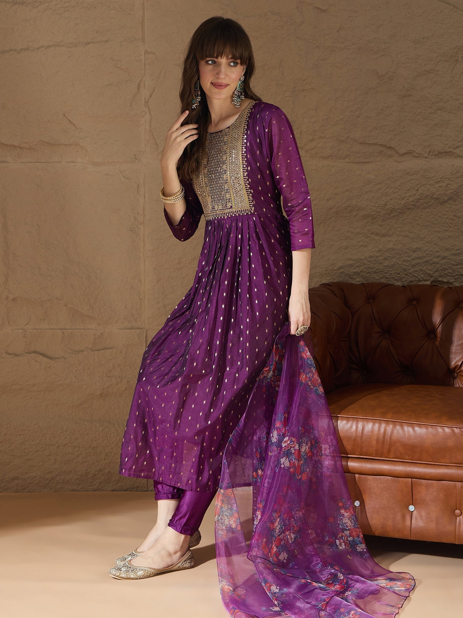 Neelangi Purple Women Kurta and Leggings Duppata Set Chanderi Modal Butti - FitVibe Fashion