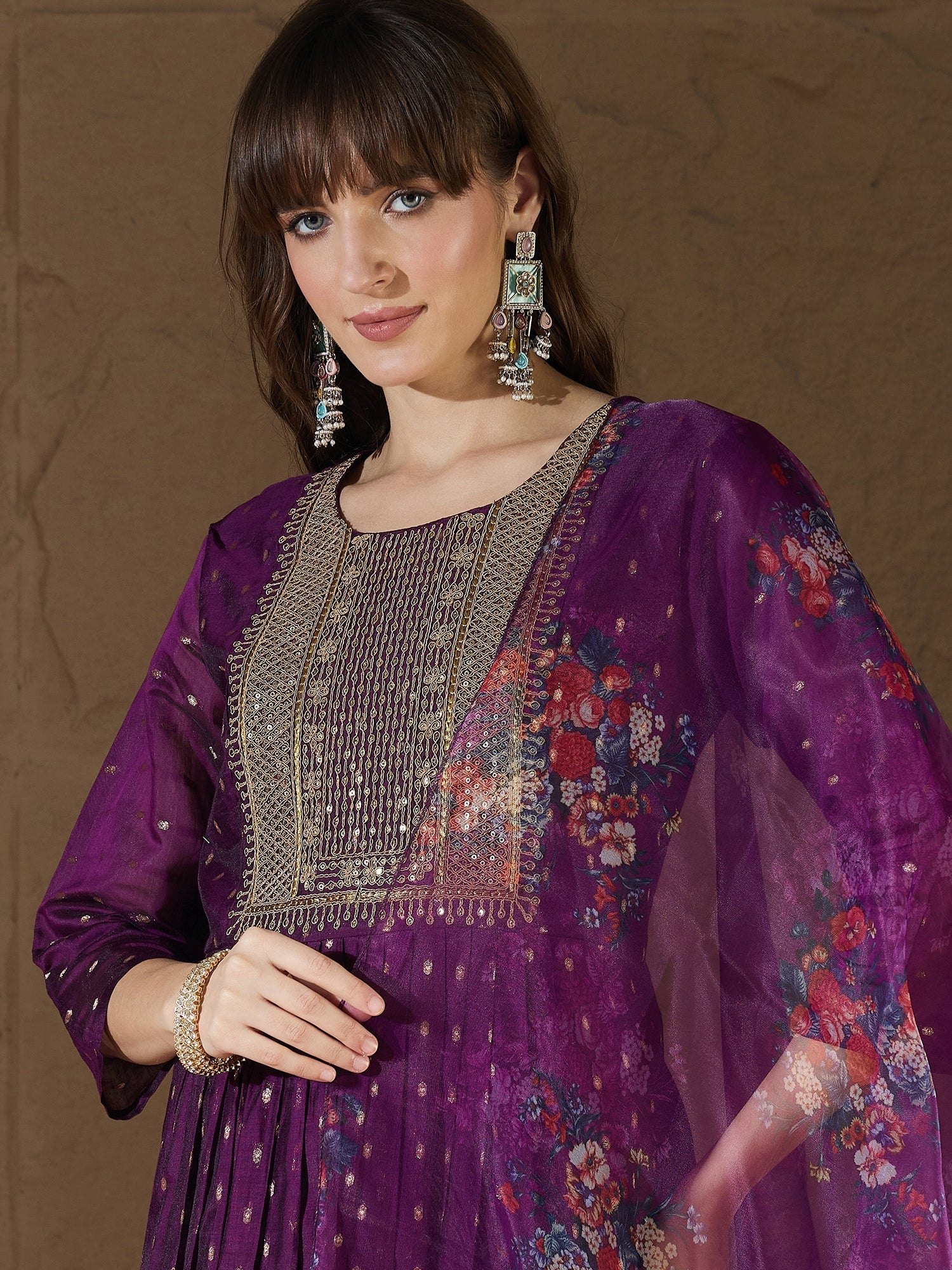 Neelangi Purple Women Kurta and Leggings Duppata Set Chanderi Modal Butti - FitVibe Fashion