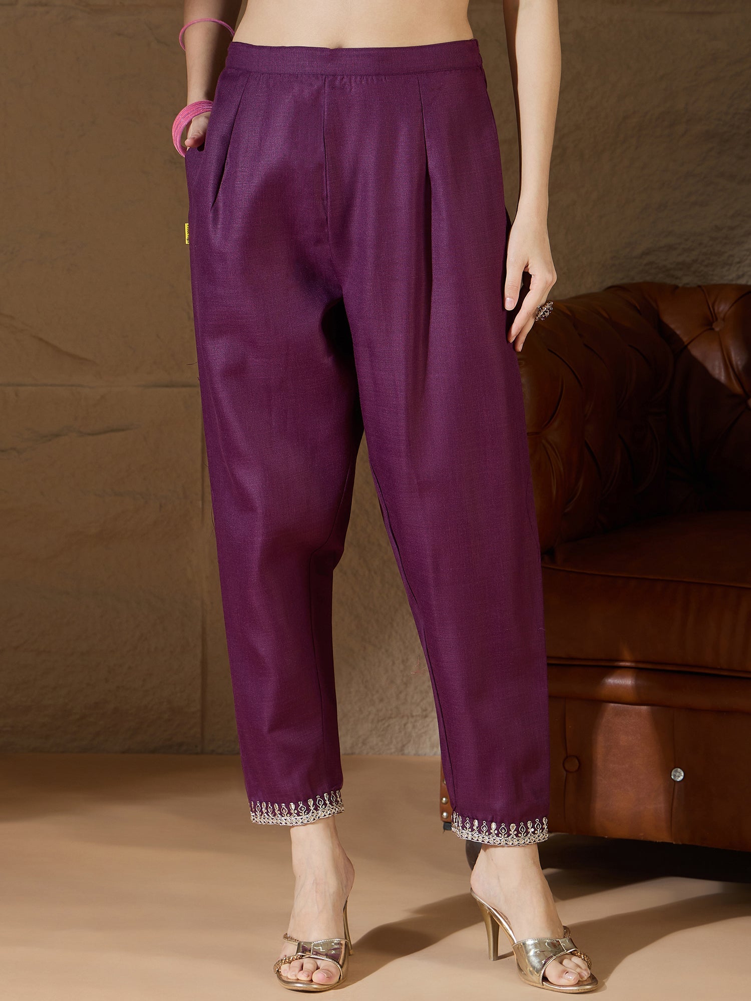 Nitya Purple Women Kurta and Trousers Pant Sets Cotton Blend - FitVibe Fashion