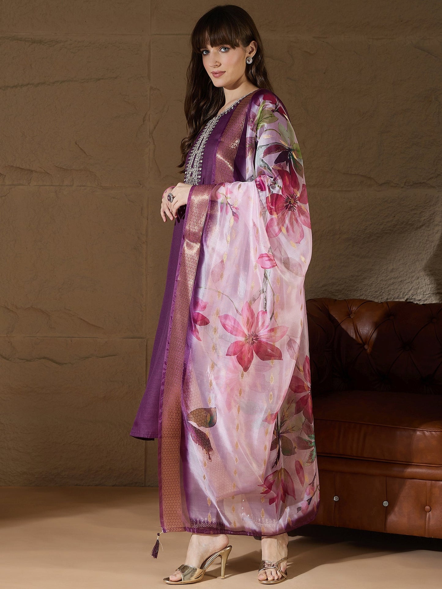 Nitya Purple Women Kurta and Trousers Pant Sets Cotton Blend - FitVibe Fashion