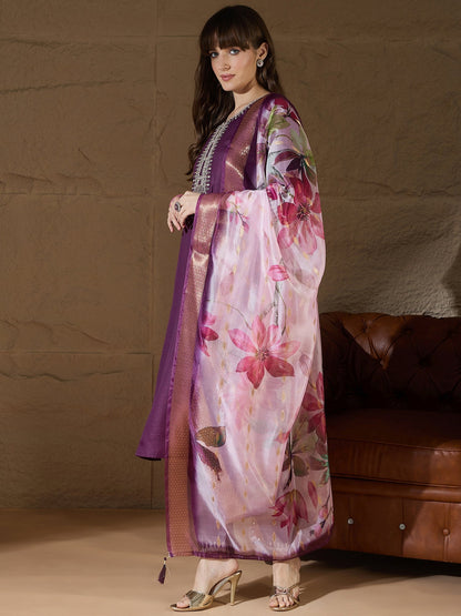 Nitya Purple Women Kurta and Trousers Pant Sets Cotton Blend - FitVibe Fashion