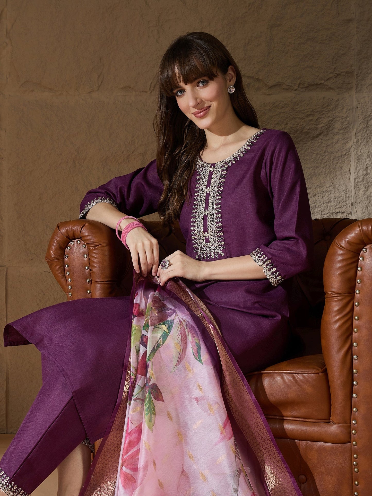 Nitya Purple Women Kurta and Trousers Pant Sets Cotton Blend - FitVibe Fashion