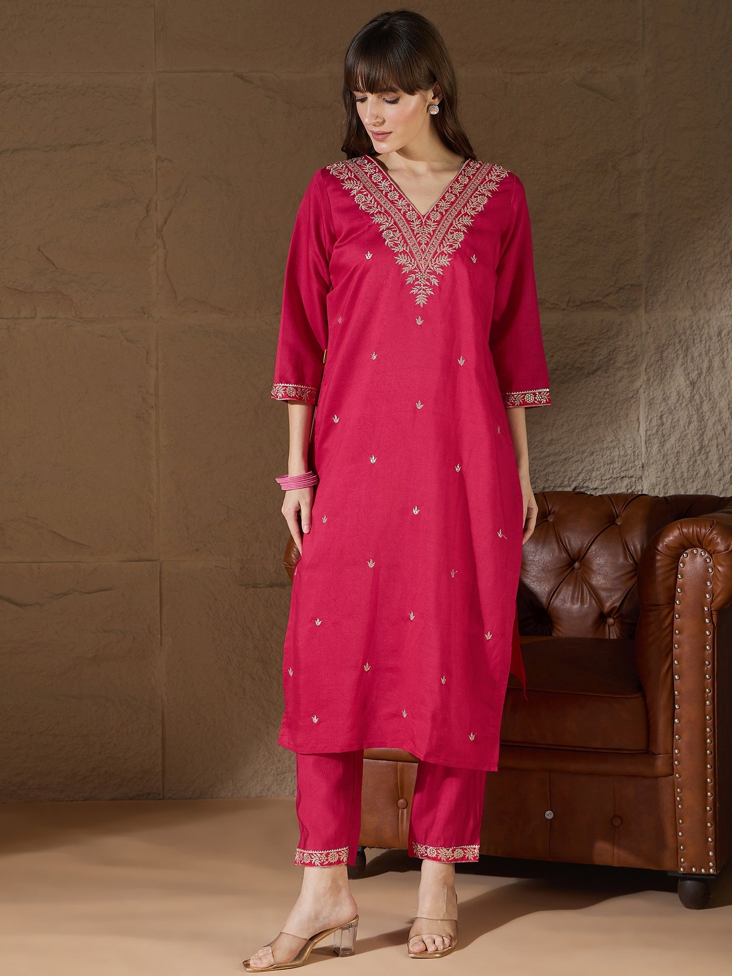 Chitra Charm Pink Yoke Design Silk Blend Straight Suit With Dupatta - FitVibe Fashion