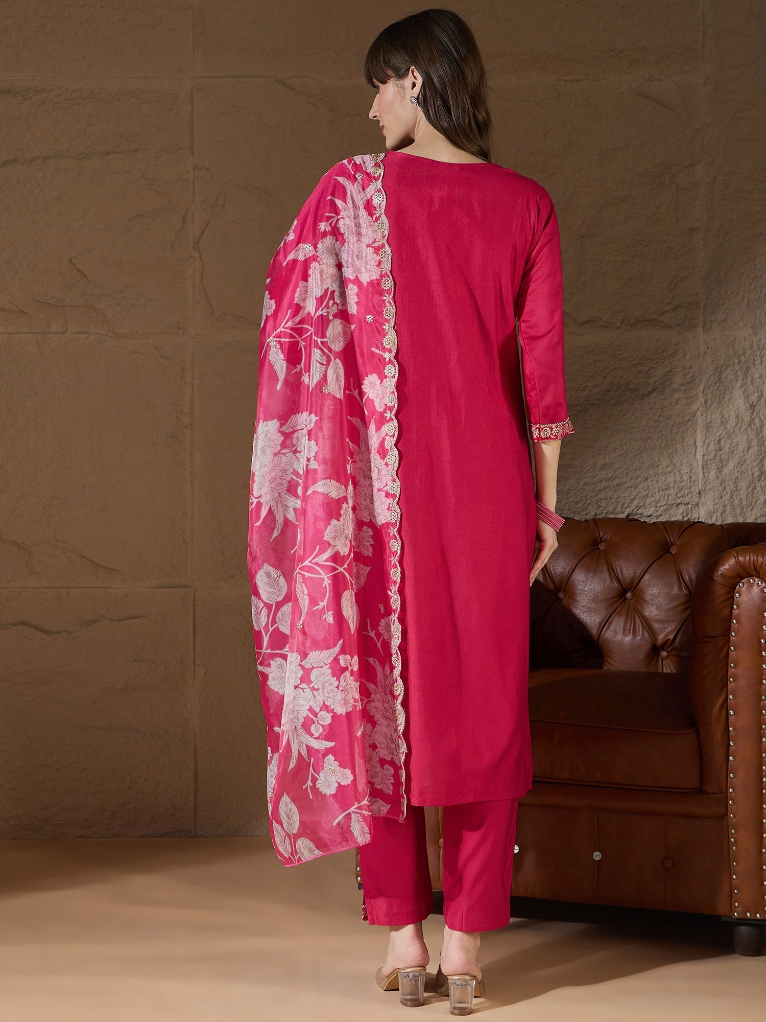 Chitra Charm Pink Yoke Design Silk Blend Straight Suit With Dupatta - FitVibe Fashion