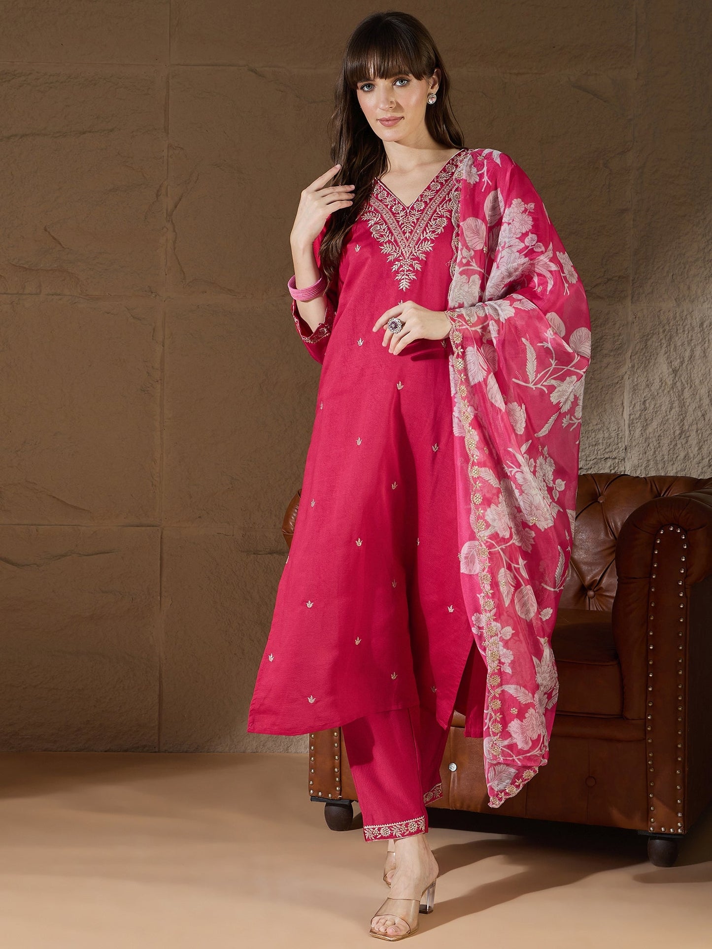 Chitra Charm Pink Yoke Design Silk Blend Straight Suit With Dupatta - FitVibe Fashion