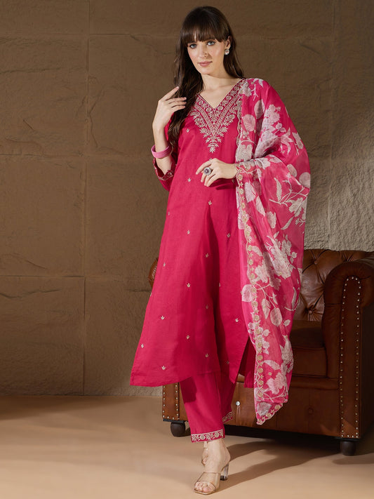 Chitra Charm Pink Yoke Design Silk Blend Straight Suit With Dupatta - FitVibe Fashion