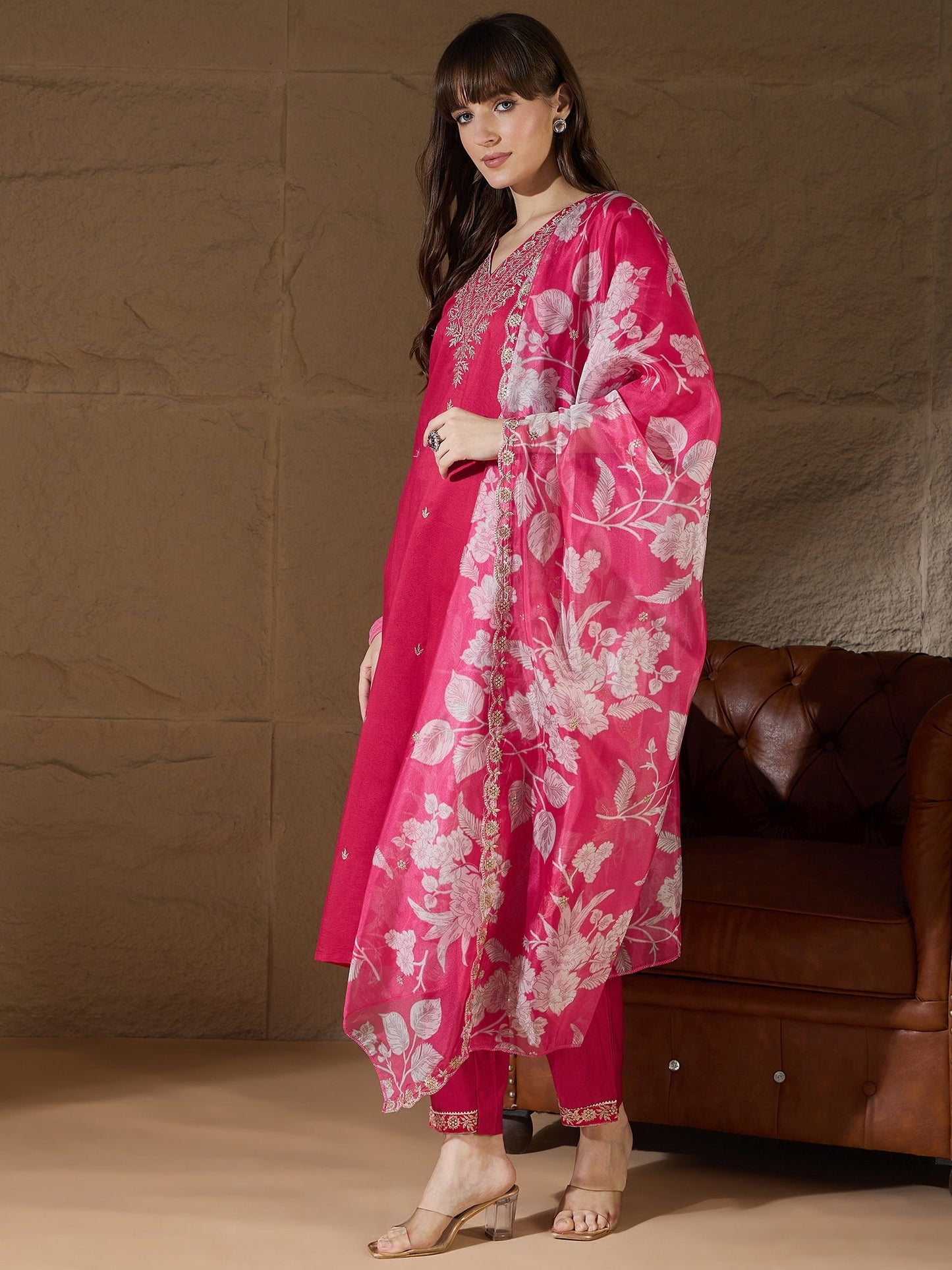 Chitra Charm Pink Yoke Design Silk Blend Straight Suit With Dupatta - FitVibe Fashion