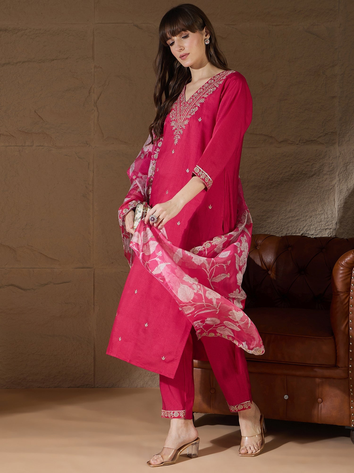 Chitra Charm Pink Yoke Design Silk Blend Straight Suit With Dupatta - FitVibe Fashion