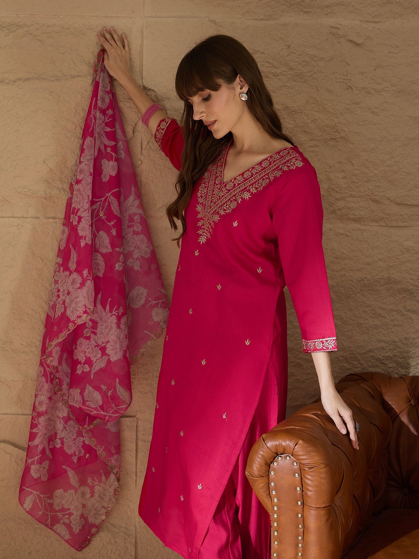 Chitra Charm Pink Yoke Design Silk Blend Straight Suit With Dupatta - FitVibe Fashion
