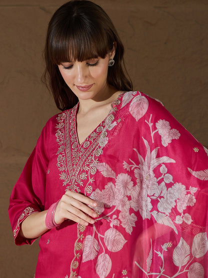 Chitra Charm Pink Yoke Design Silk Blend Straight Suit With Dupatta - FitVibe Fashion