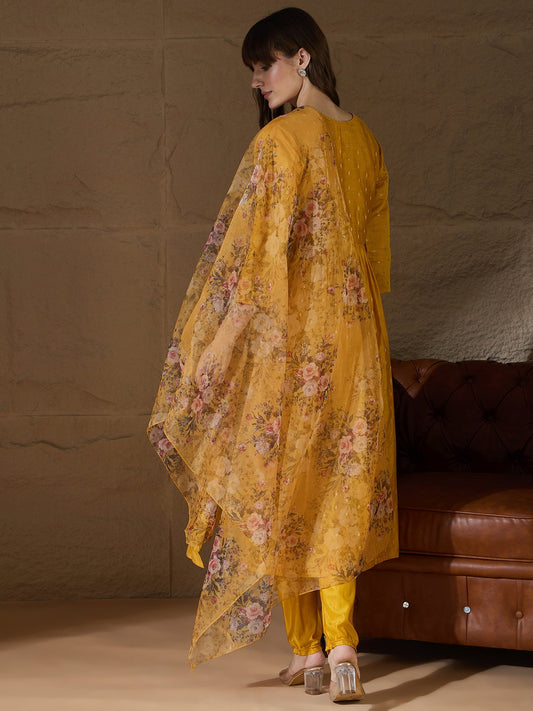 Neelangi yellow Women Kurta and Leggings Duppata Set Chanderi Modal Butti - FitVibe Fashion