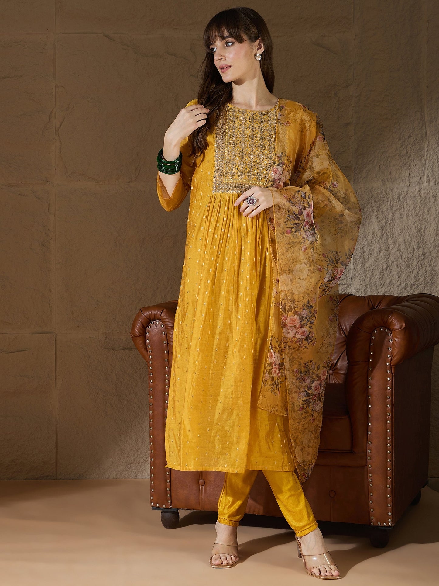 Neelangi yellow Women Kurta and Leggings Duppata Set Chanderi Modal Butti - FitVibe Fashion