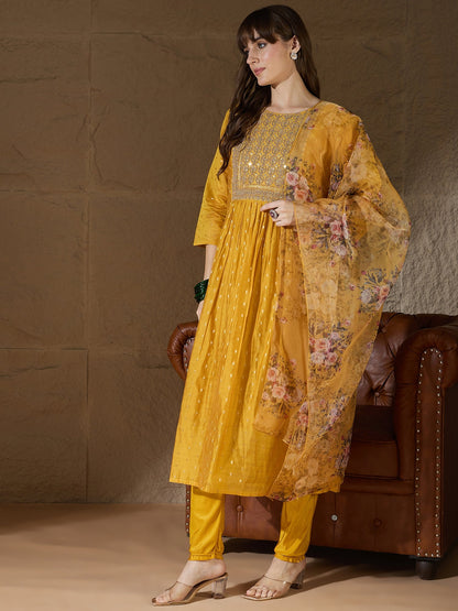 Neelangi yellow Women Kurta and Leggings Duppata Set Chanderi Modal Butti - FitVibe Fashion