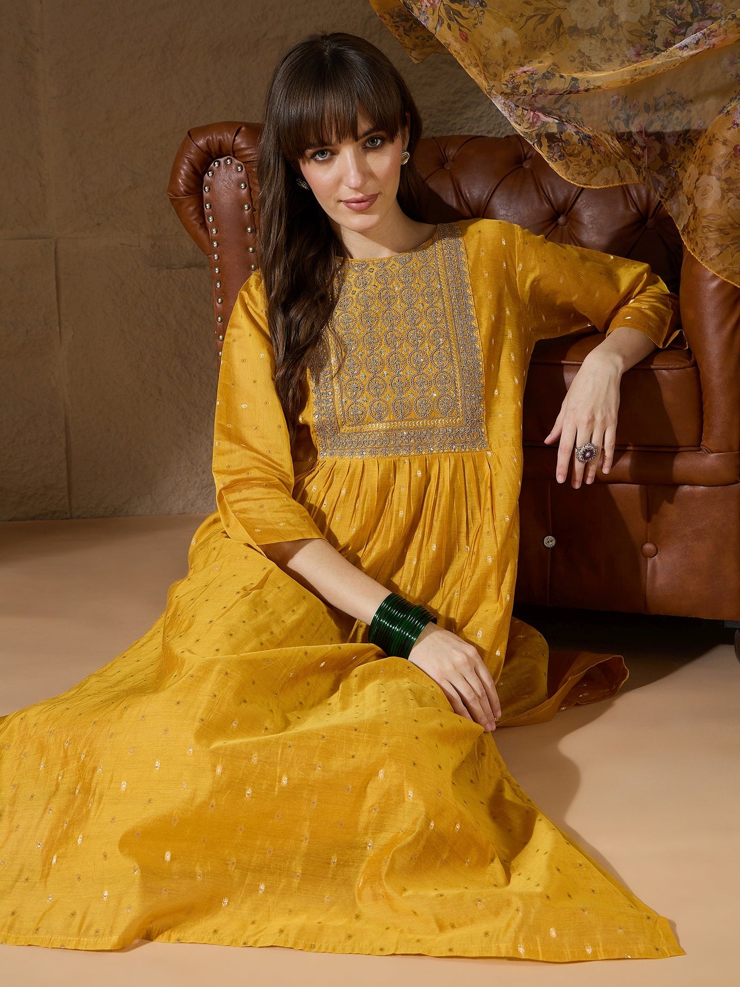 Neelangi yellow Women Kurta and Leggings Duppata Set Chanderi Modal Butti - FitVibe Fashion