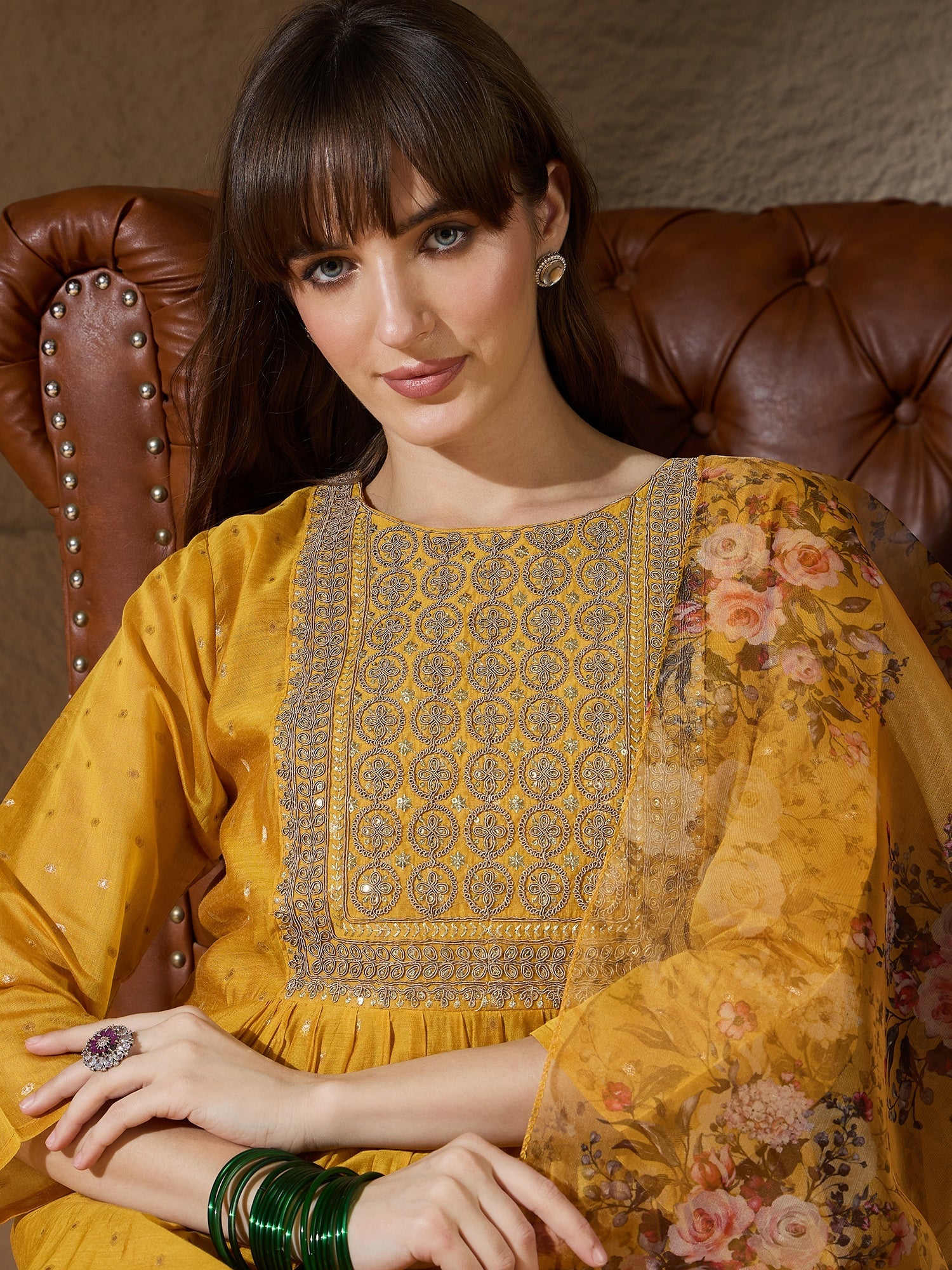 Neelangi yellow Women Kurta and Leggings Duppata Set Chanderi Modal Butti - FitVibe Fashion