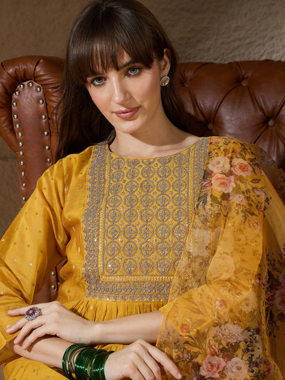 Neelangi yellow Women Kurta and Leggings Duppata Set Chanderi Modal Butti - FitVibe Fashion