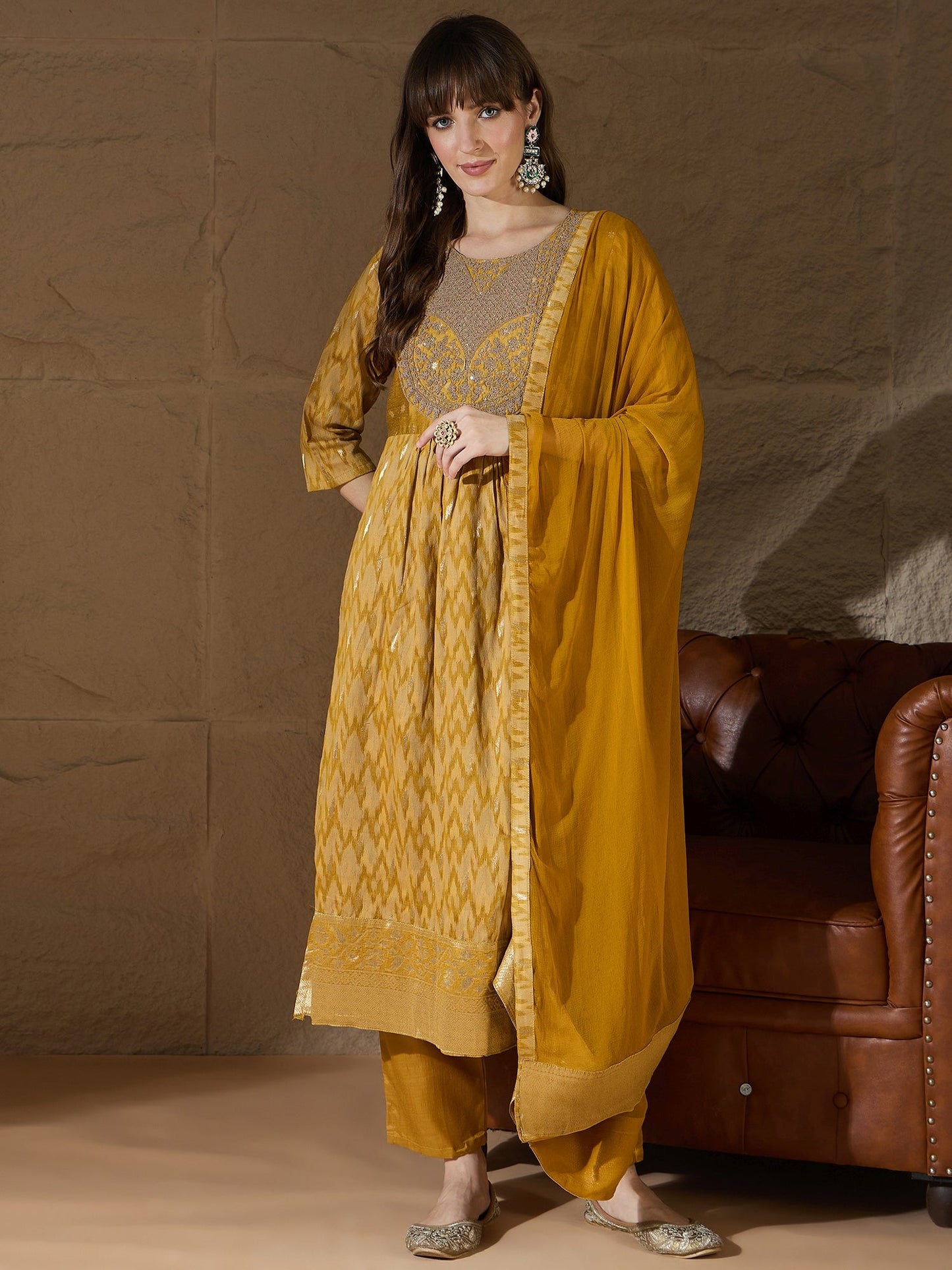 Saiyaara Mustard Cotton Silk Embellished Flared Suit Set - FitVibe Fashion