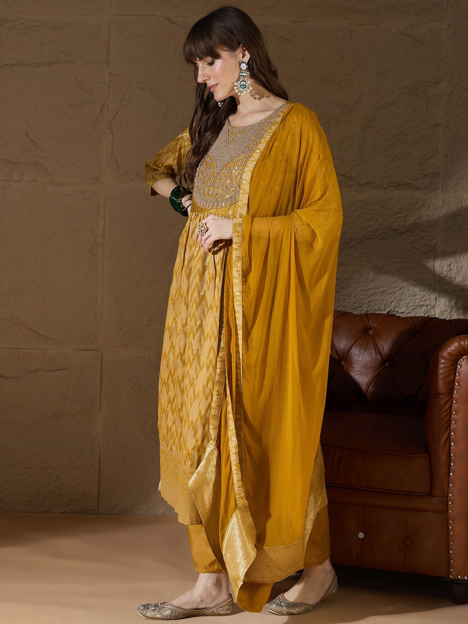 Saiyaara Mustard Cotton Silk Embellished Flared Suit Set - FitVibe Fashion
