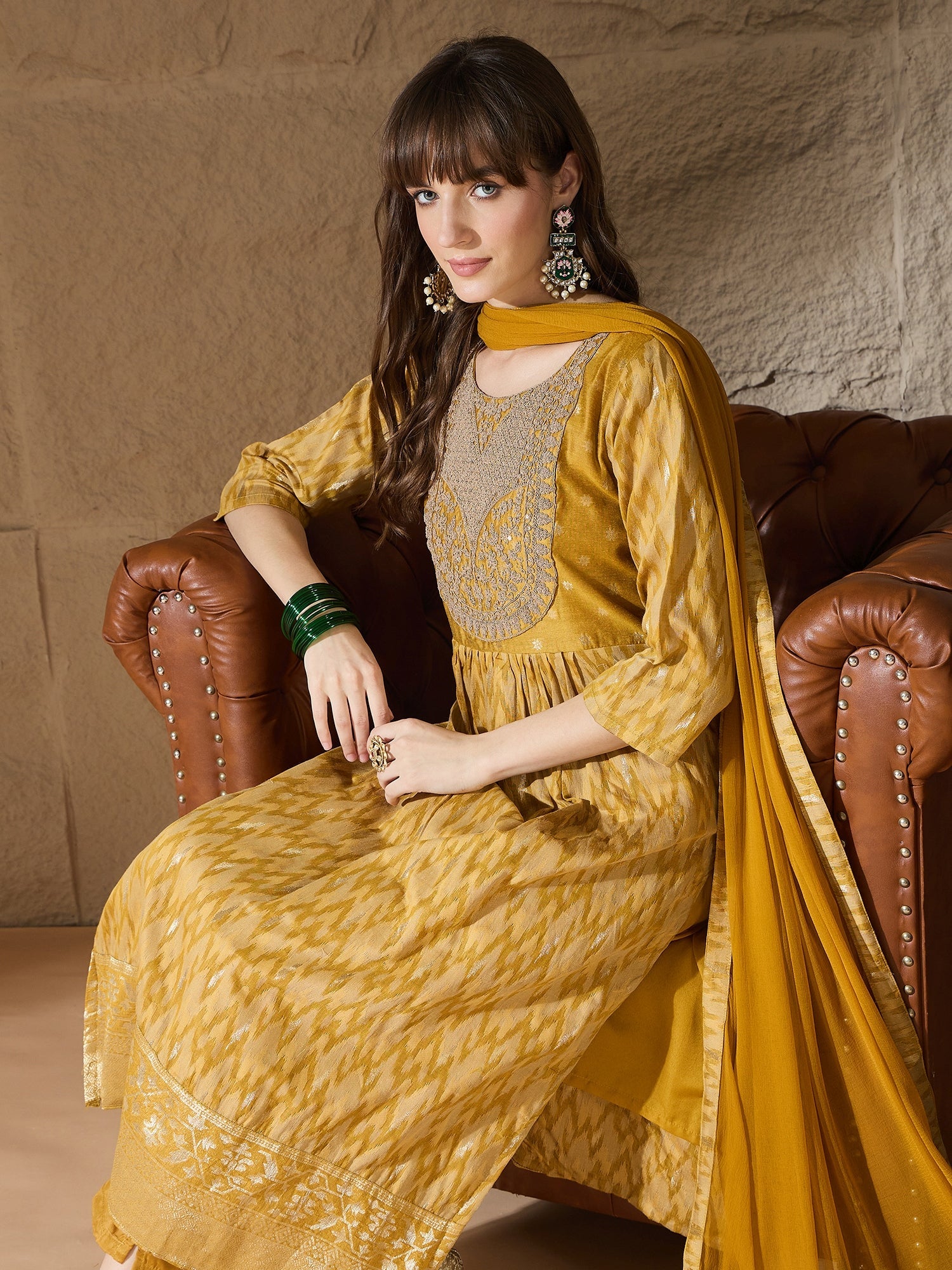 Saiyaara Mustard Cotton Silk Embellished Flared Suit Set - FitVibe Fashion