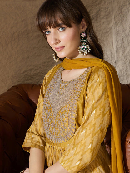 Saiyaara Mustard Cotton Silk Embellished Flared Suit Set - FitVibe Fashion