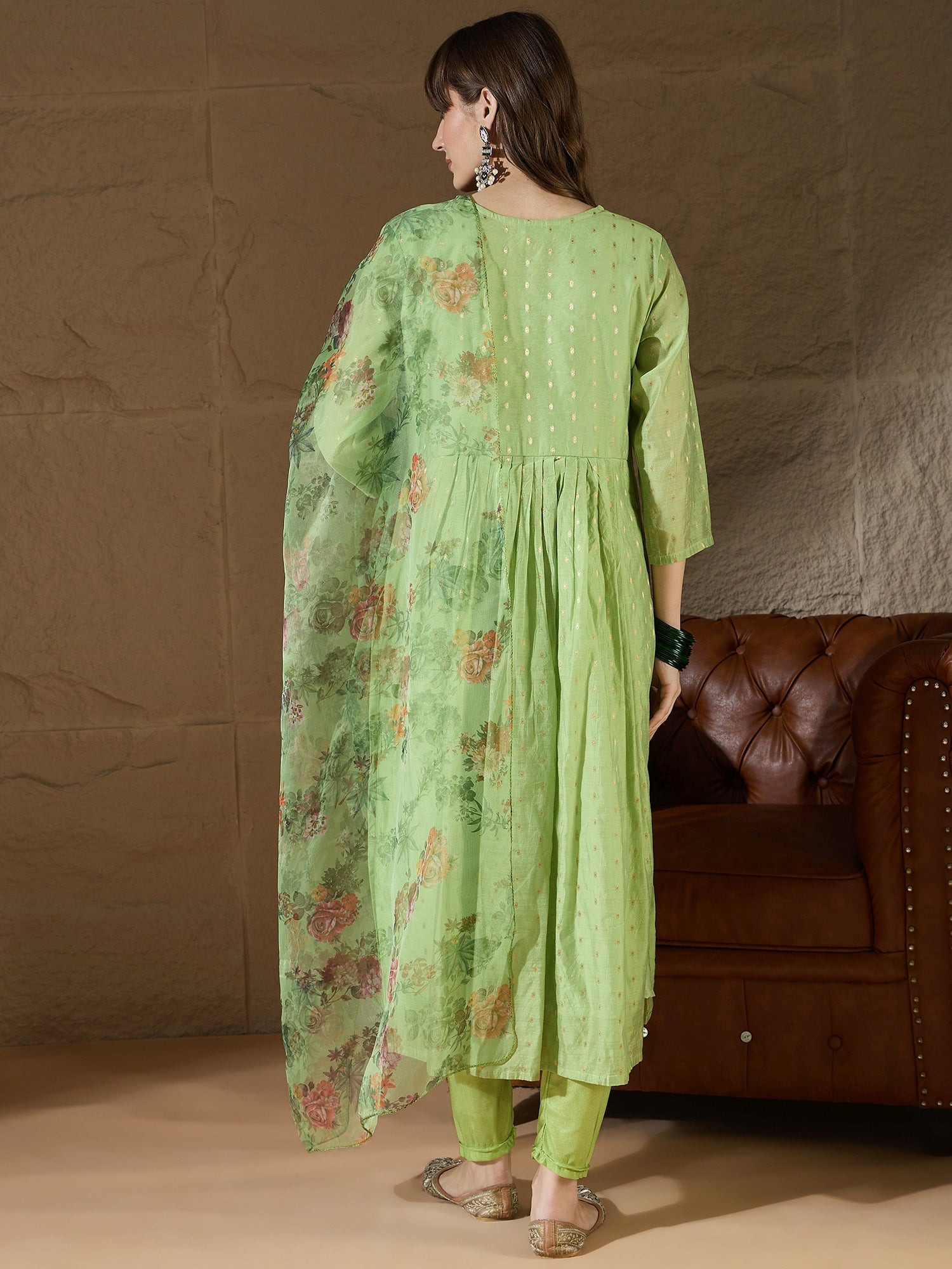 Neelangi Mehndi Women Kurta and Leggings Duppata Set Chanderi Modal Butti - FitVibe Fashion