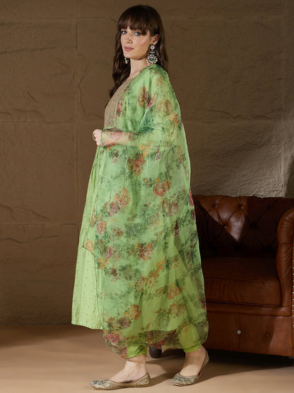 Neelangi Mehndi Women Kurta and Leggings Duppata Set Chanderi Modal Butti - FitVibe Fashion