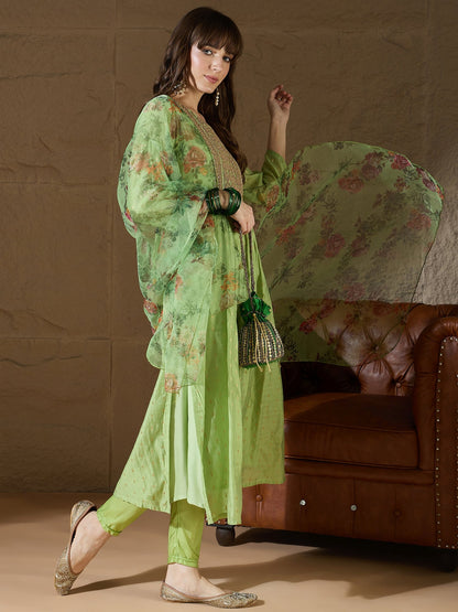 Neelangi Mehndi Women Kurta and Leggings Duppata Set Chanderi Modal Butti - FitVibe Fashion