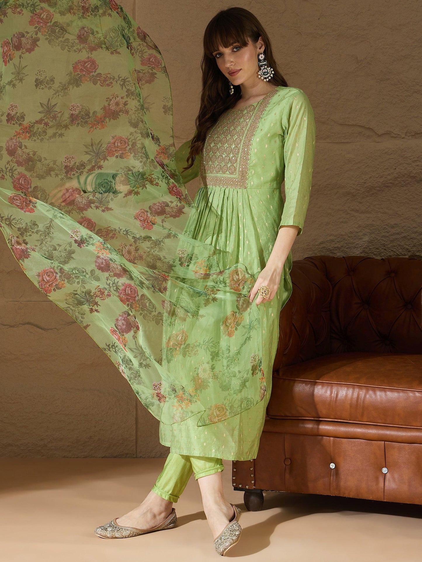 Neelangi Mehndi Women Kurta and Leggings Duppata Set Chanderi Modal Butti - FitVibe Fashion