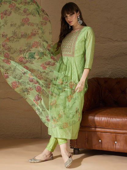 Neelangi Mehndi Women Kurta and Leggings Duppata Set Chanderi Modal Butti - FitVibe Fashion