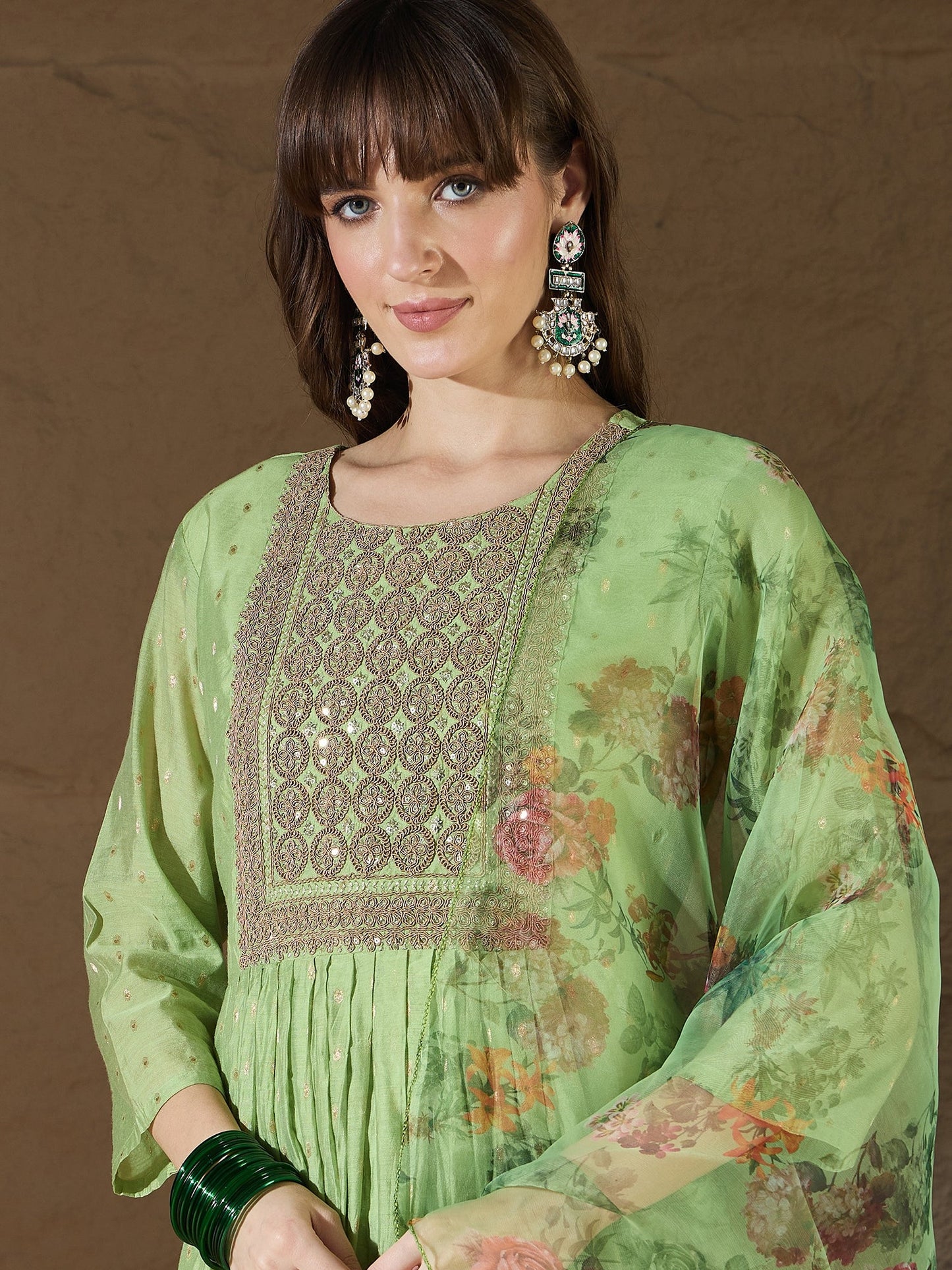 Neelangi Mehndi Women Kurta and Leggings Duppata Set Chanderi Modal Butti - FitVibe Fashion