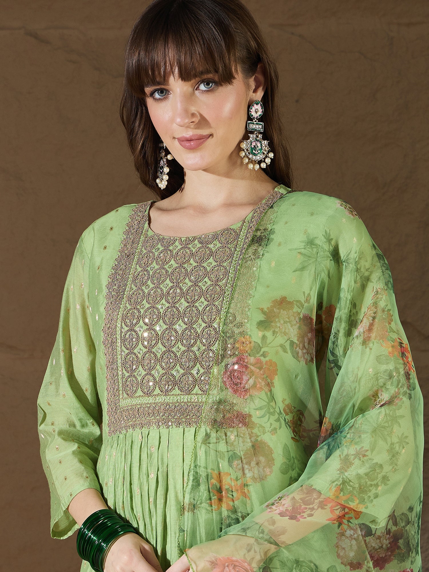 Neelangi Mehndi Women Kurta and Leggings Duppata Set Chanderi Modal Butti - FitVibe Fashion