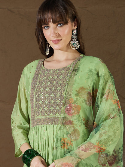 Neelangi Mehndi Women Kurta and Leggings Duppata Set Chanderi Modal Butti - FitVibe Fashion