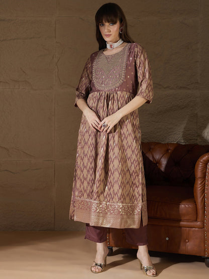 Nirmala Cocoa Cotton Silk Embellished Flared Suit Set - FitVibe Fashion