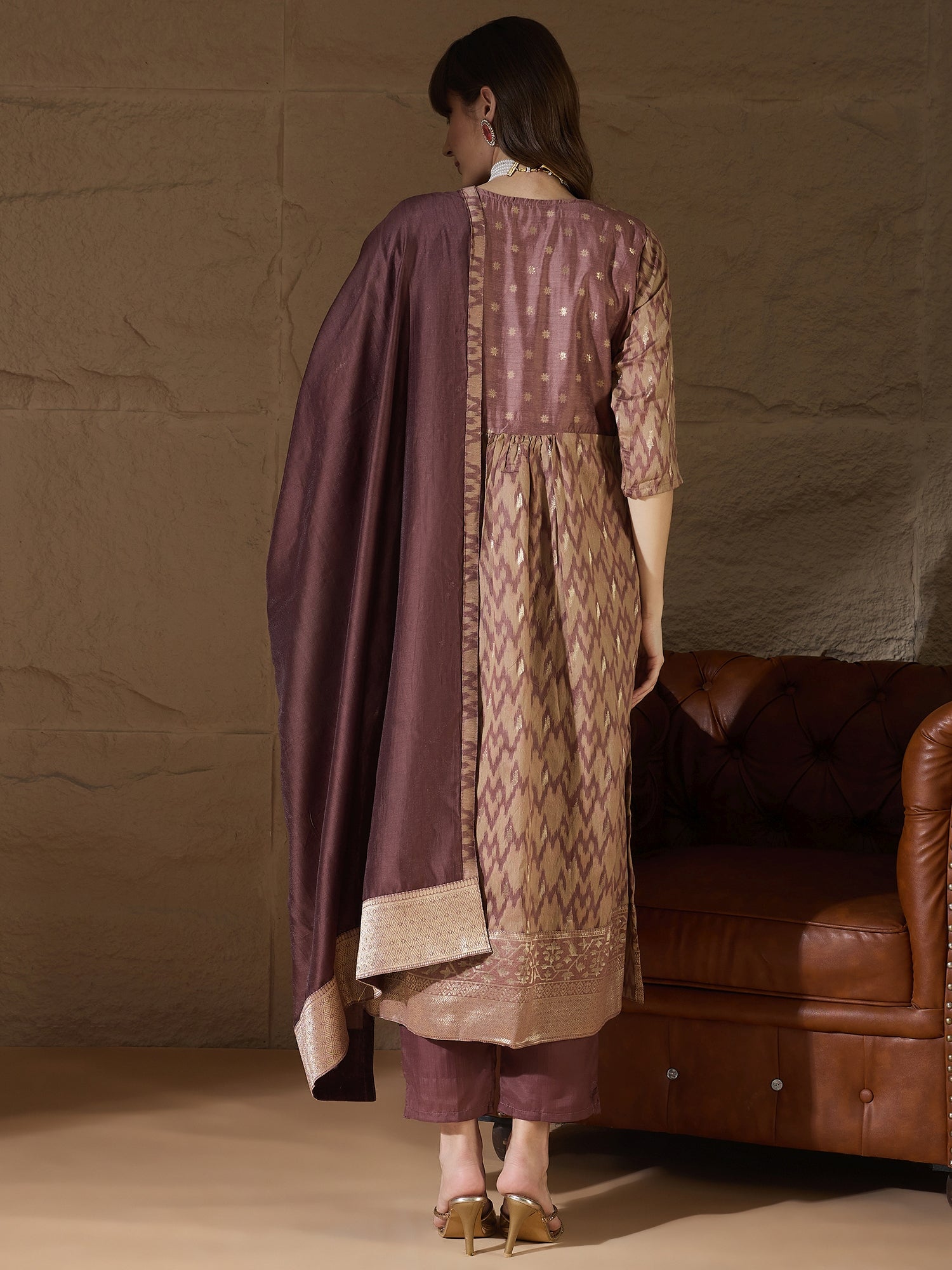 Nirmala Cocoa Cotton Silk Embellished Flared Suit Set - FitVibe Fashion