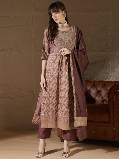 Nirmala Cocoa Cotton Silk Embellished Flared Suit Set - FitVibe Fashion