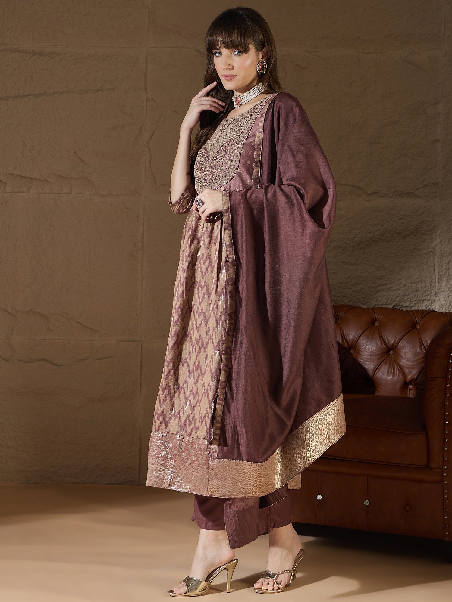 Nirmala Cocoa Cotton Silk Embellished Flared Suit Set - FitVibe Fashion