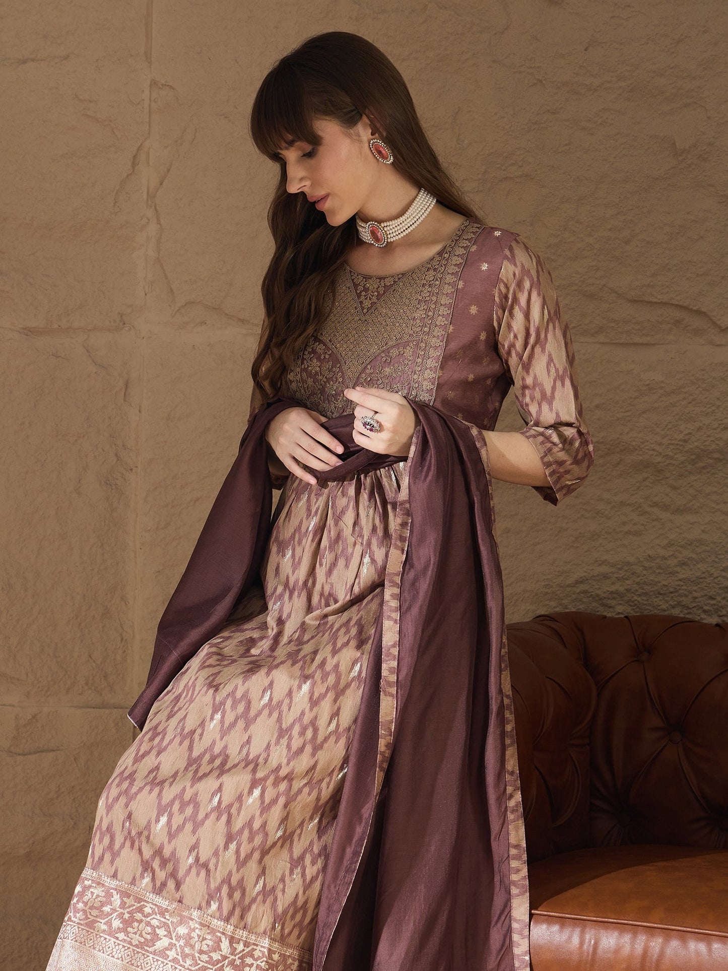 Nirmala Cocoa Cotton Silk Embellished Flared Suit Set - FitVibe Fashion