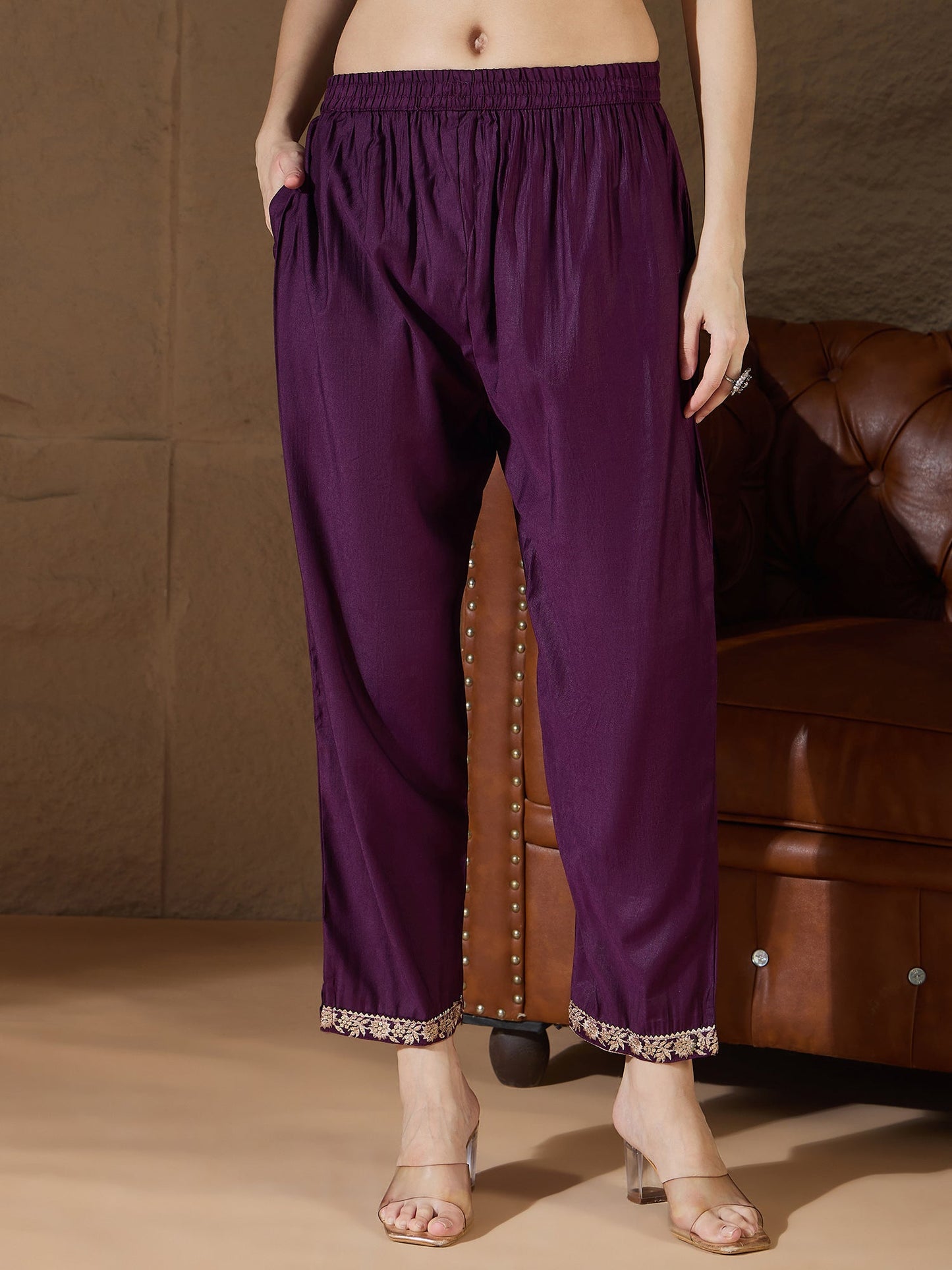 Chitra Charm Purple Yoke Design Silk Blend Straight Suit With Dupatta - FitVibe Fashion