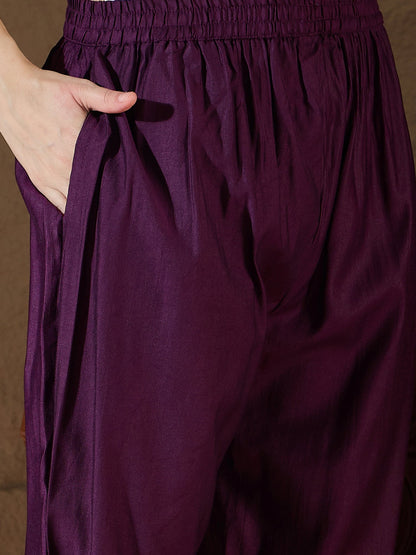 Chitra Charm Purple Yoke Design Silk Blend Straight Suit With Dupatta - FitVibe Fashion