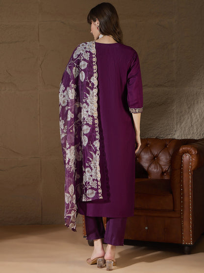 Chitra Charm Purple Yoke Design Silk Blend Straight Suit With Dupatta - FitVibe Fashion