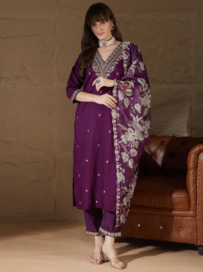 Chitra Charm Purple Yoke Design Silk Blend Straight Suit With Dupatta - FitVibe Fashion