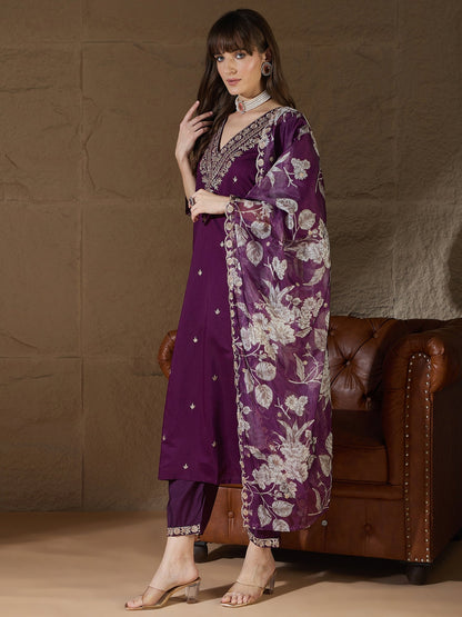 Chitra Charm Purple Yoke Design Silk Blend Straight Suit With Dupatta - FitVibe Fashion
