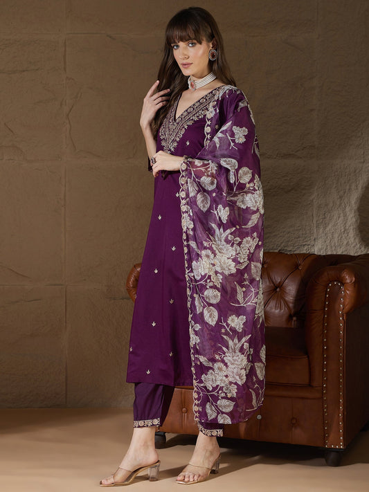 Chitra Charm Purple Yoke Design Silk Blend Straight Suit With Dupatta - FitVibe Fashion