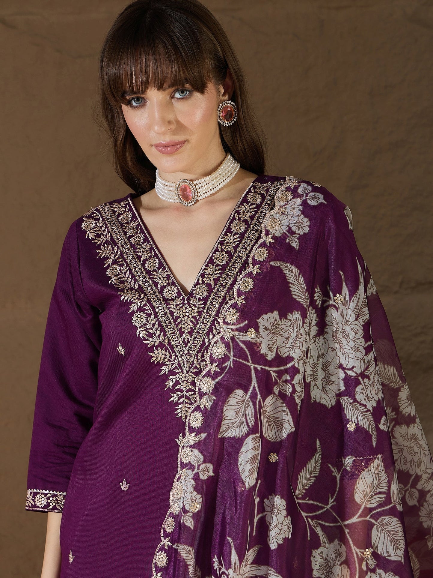 Chitra Charm Purple Yoke Design Silk Blend Straight Suit With Dupatta - FitVibe Fashion