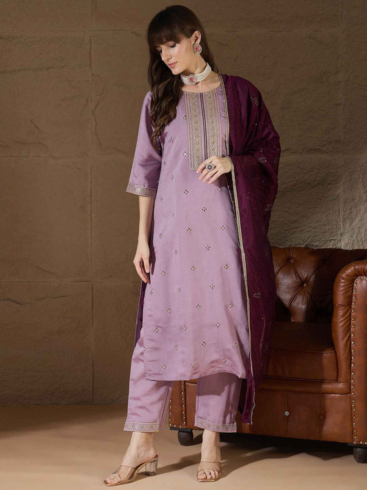 Aarohi lavender Women Kurta and Pant Sets Silk Blend Fabric